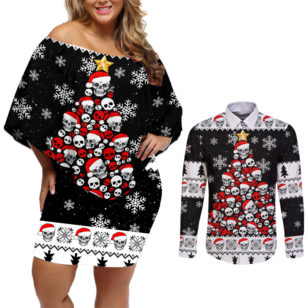 Skull Santa Couples Matching Off Shoulder Short Dress and Long Sleeve Button Shirt Tree Skull Santa Ugly Christmas - Wonder Print Shop
