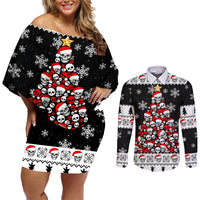 Skull Santa Couples Matching Off Shoulder Short Dress and Long Sleeve Button Shirt Tree Skull Santa Ugly Christmas - Wonder Print Shop