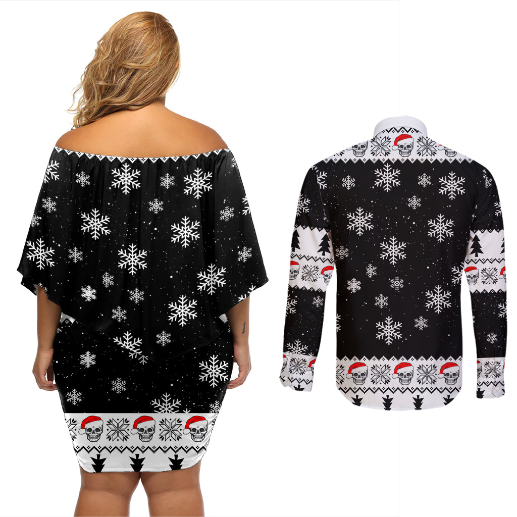 Skull Santa Couples Matching Off Shoulder Short Dress and Long Sleeve Button Shirt Tree Skull Santa Ugly Christmas - Wonder Print Shop