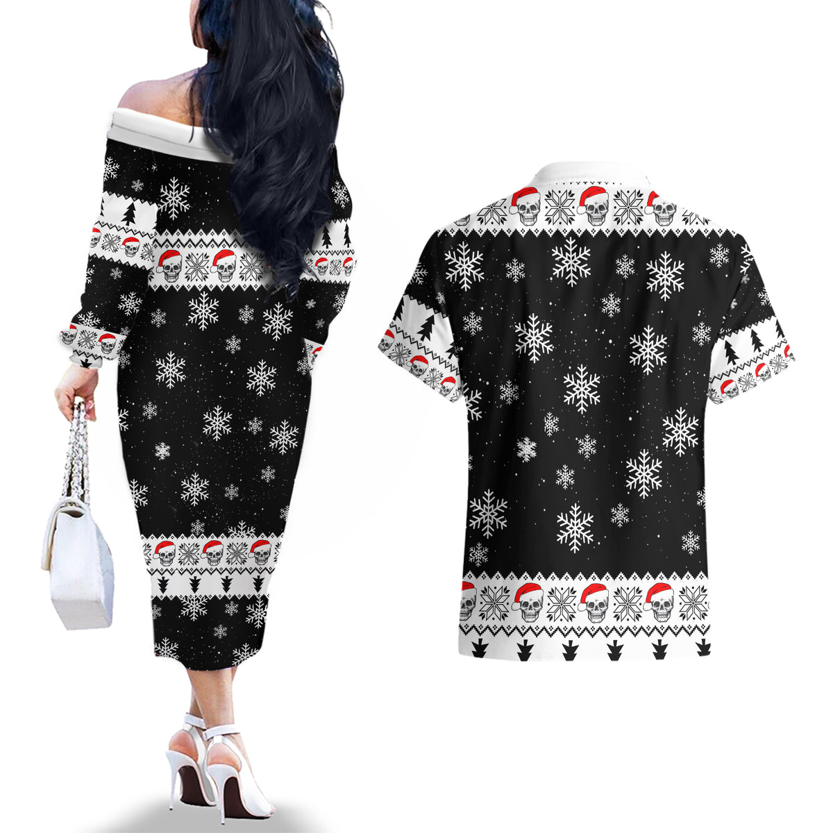 Skull Santa Couples Matching Off The Shoulder Long Sleeve Dress and Hawaiian Shirt Tree Skull Santa Ugly Christmas - Wonder Print Shop