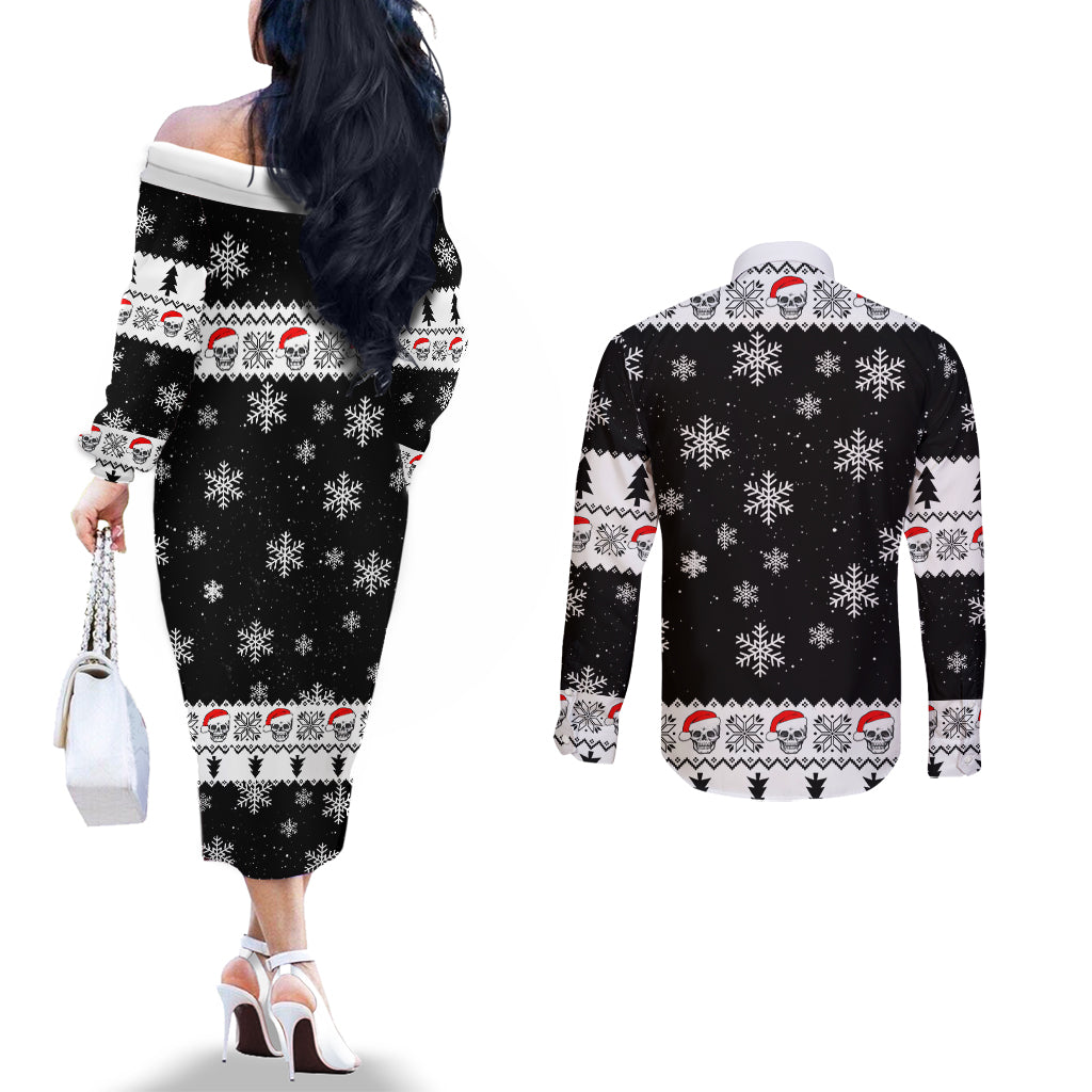 skull-santa-couples-matching-off-the-shoulder-long-sleeve-dress-and-long-sleeve-button-shirt-tree-skull-santa-ugly-christmas