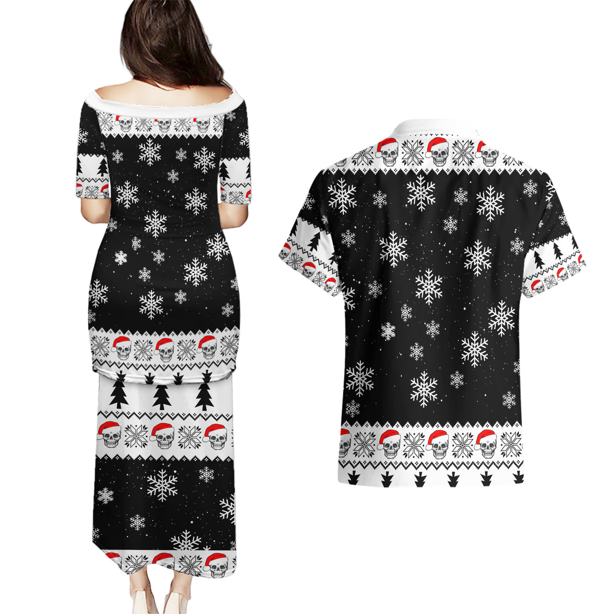 Skull Santa Couples Matching Puletasi Dress and Hawaiian Shirt Tree Skull Santa Ugly Christmas - Wonder Print Shop
