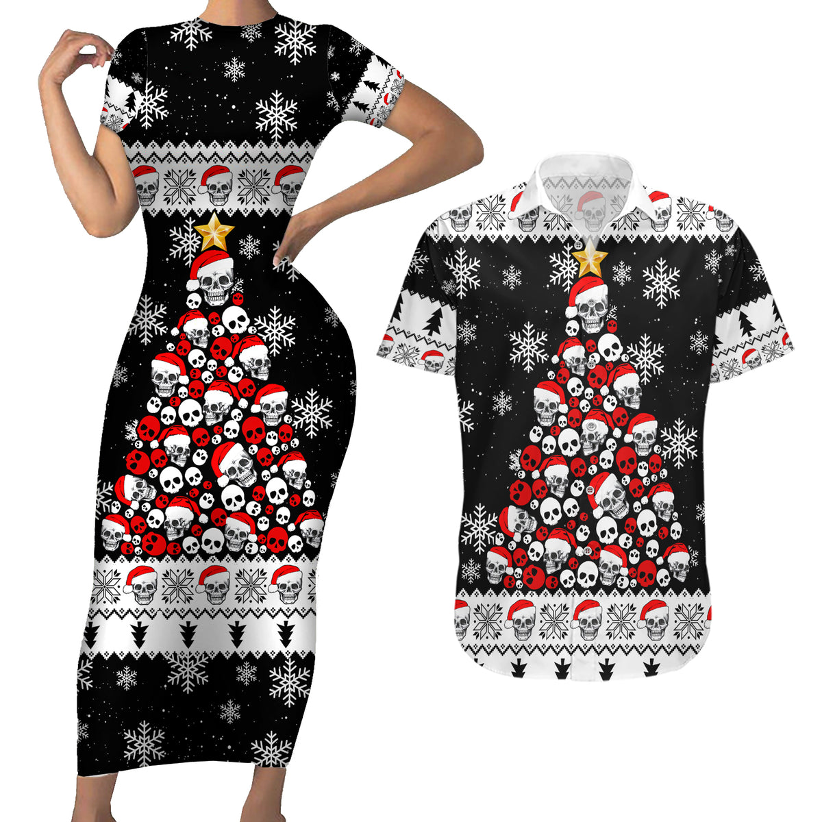 Skull Santa Couples Matching Short Sleeve Bodycon Dress and Hawaiian Shirt Tree Skull Santa Ugly Christmas - Wonder Print Shop