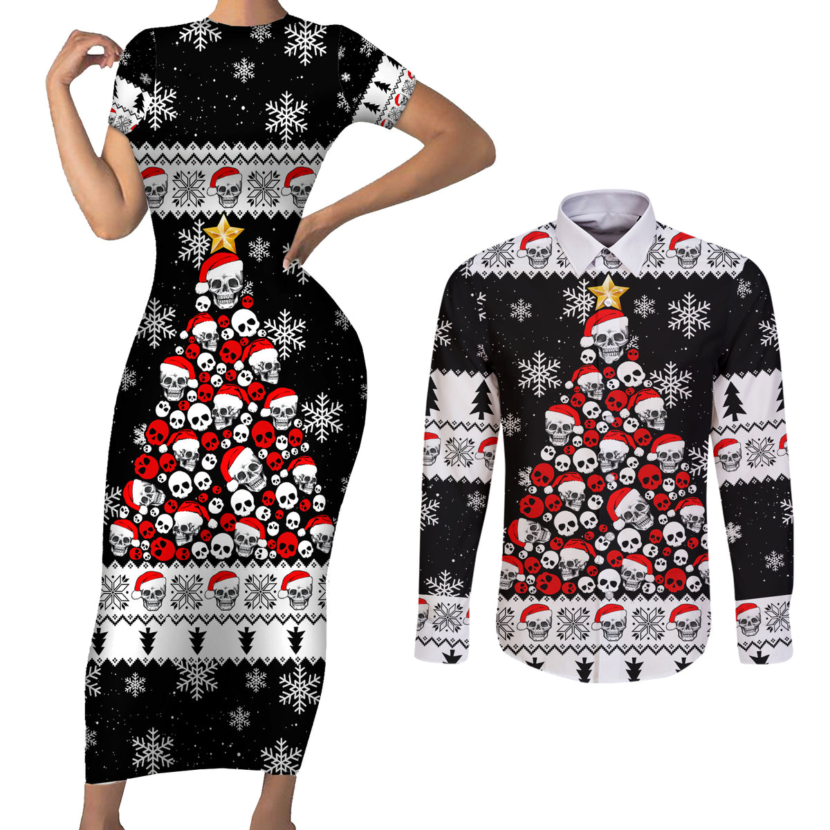 Skull Santa Couples Matching Short Sleeve Bodycon Dress and Long Sleeve Button Shirt Tree Skull Santa Ugly Christmas - Wonder Print Shop