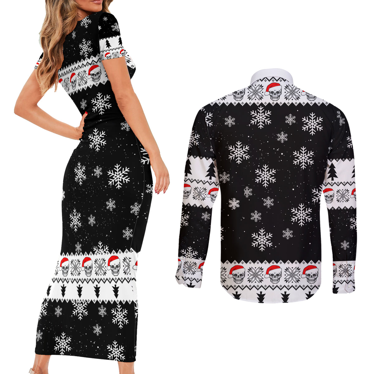 Skull Santa Couples Matching Short Sleeve Bodycon Dress and Long Sleeve Button Shirt Tree Skull Santa Ugly Christmas - Wonder Print Shop
