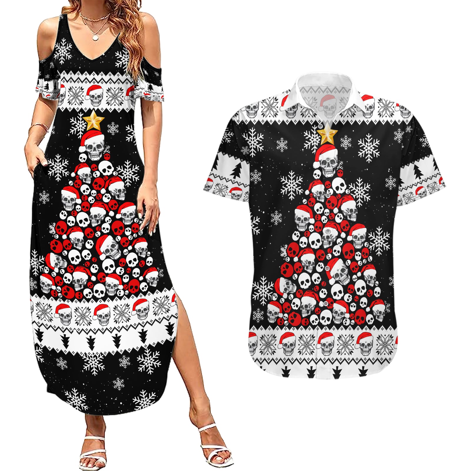 Skull Santa Couples Matching Summer Maxi Dress and Hawaiian Shirt Tree Skull Santa Ugly Christmas - Wonder Print Shop