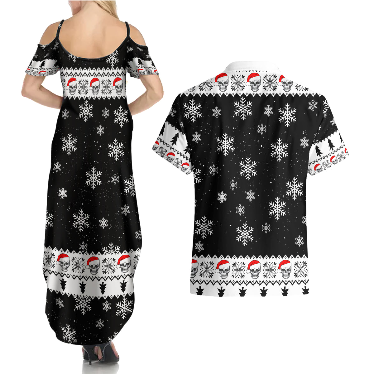 Skull Santa Couples Matching Summer Maxi Dress and Hawaiian Shirt Tree Skull Santa Ugly Christmas - Wonder Print Shop