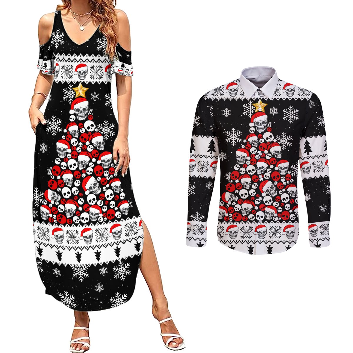 Skull Santa Couples Matching Summer Maxi Dress and Long Sleeve Button Shirt Tree Skull Santa Ugly Christmas - Wonder Print Shop