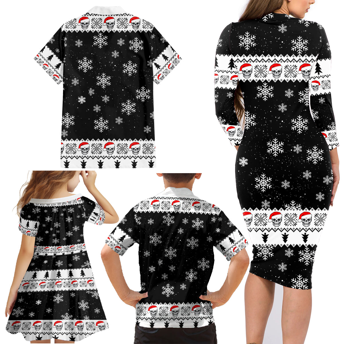 Skull Santa Family Matching Long Sleeve Bodycon Dress and Hawaiian Shirt Tree Skull Santa Ugly Christmas - Wonder Print Shop