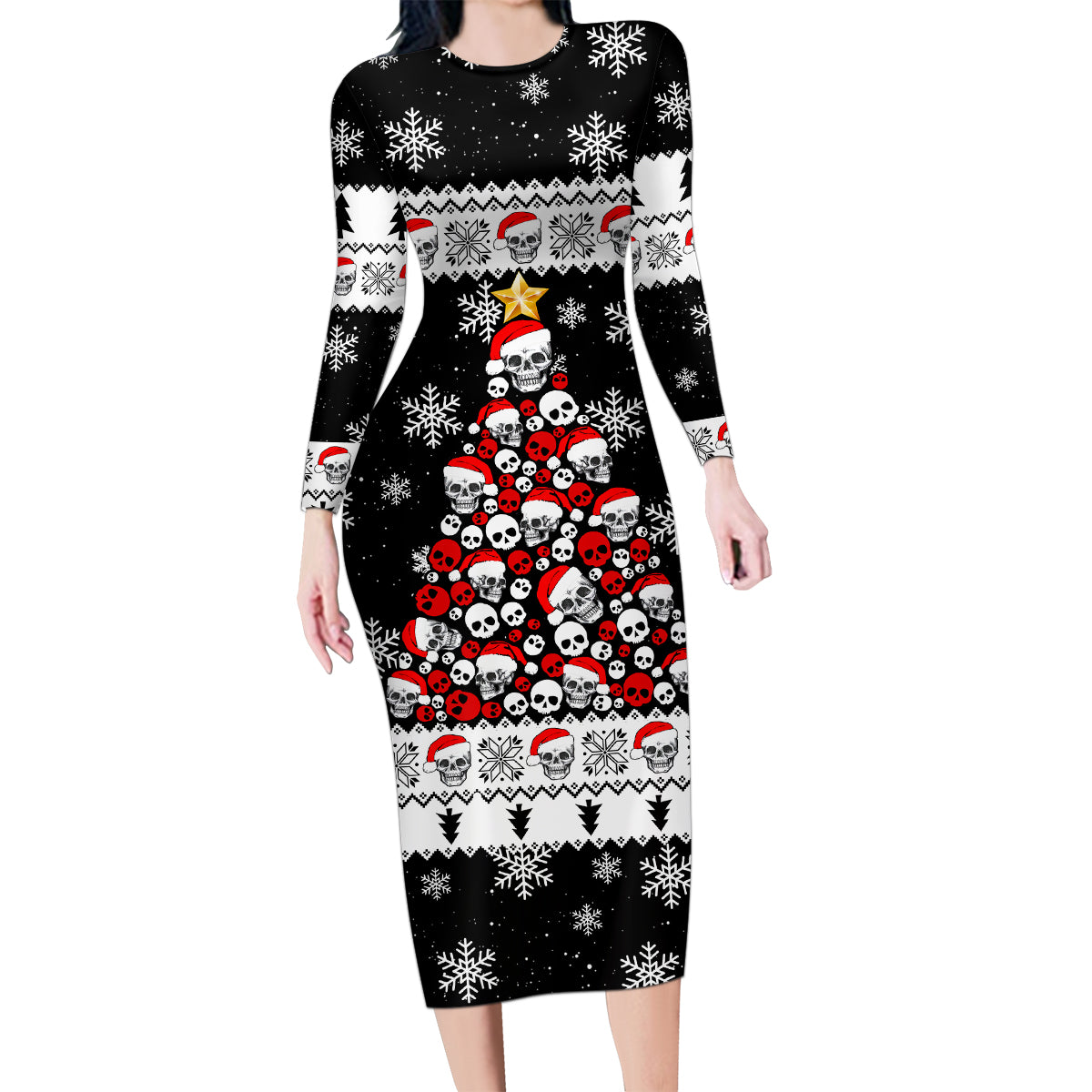 Skull Santa Family Matching Long Sleeve Bodycon Dress and Hawaiian Shirt Tree Skull Santa Ugly Christmas - Wonder Print Shop