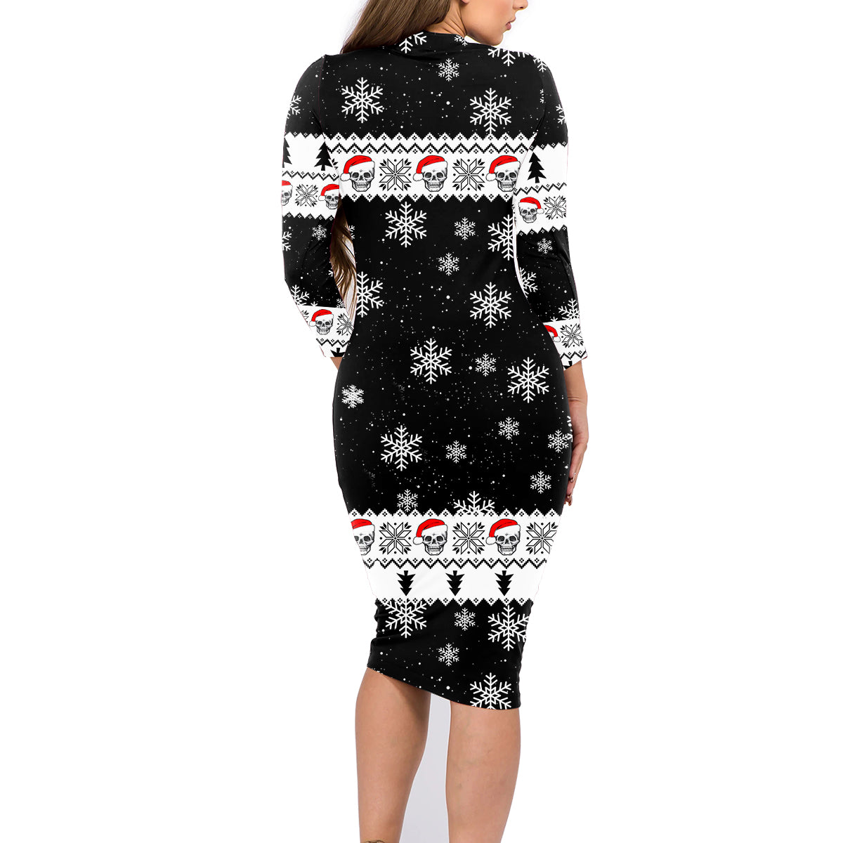 Skull Santa Family Matching Long Sleeve Bodycon Dress and Hawaiian Shirt Tree Skull Santa Ugly Christmas - Wonder Print Shop