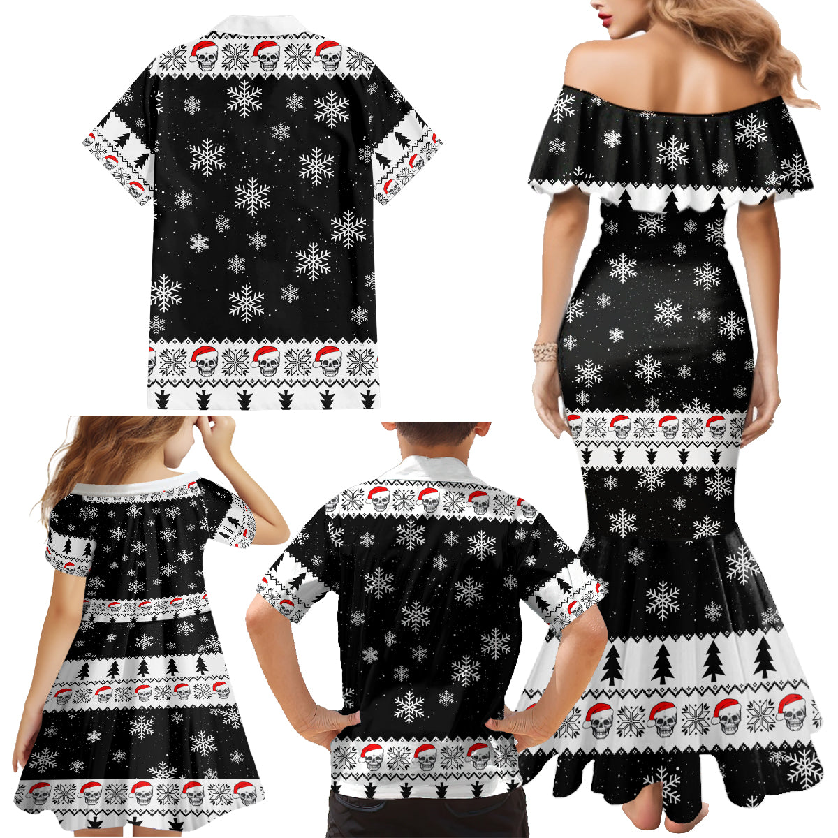 Skull Santa Family Matching Mermaid Dress and Hawaiian Shirt Tree Skull Santa Ugly Christmas - Wonder Print Shop