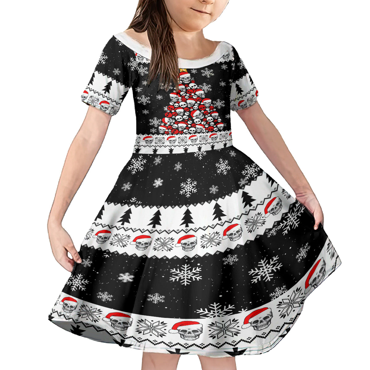 Skull Santa Family Matching Off Shoulder Long Sleeve Dress and Hawaiian Shirt Tree Skull Santa Ugly Christmas - Wonder Print Shop