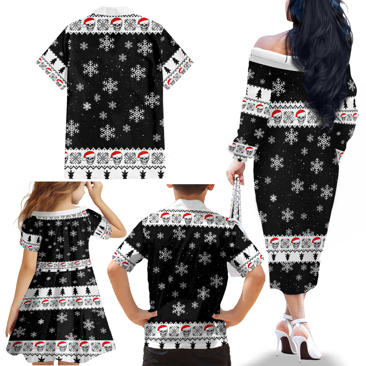 Skull Santa Family Matching Off Shoulder Long Sleeve Dress and Hawaiian Shirt Tree Skull Santa Ugly Christmas - Wonder Print Shop