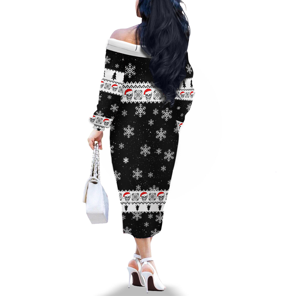 Skull Santa Family Matching Off Shoulder Long Sleeve Dress and Hawaiian Shirt Tree Skull Santa Ugly Christmas - Wonder Print Shop