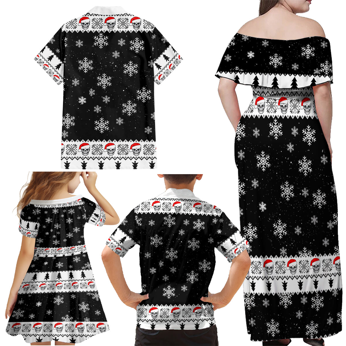 Skull Santa Family Matching Off Shoulder Maxi Dress and Hawaiian Shirt Tree Skull Santa Ugly Christmas - Wonder Print Shop