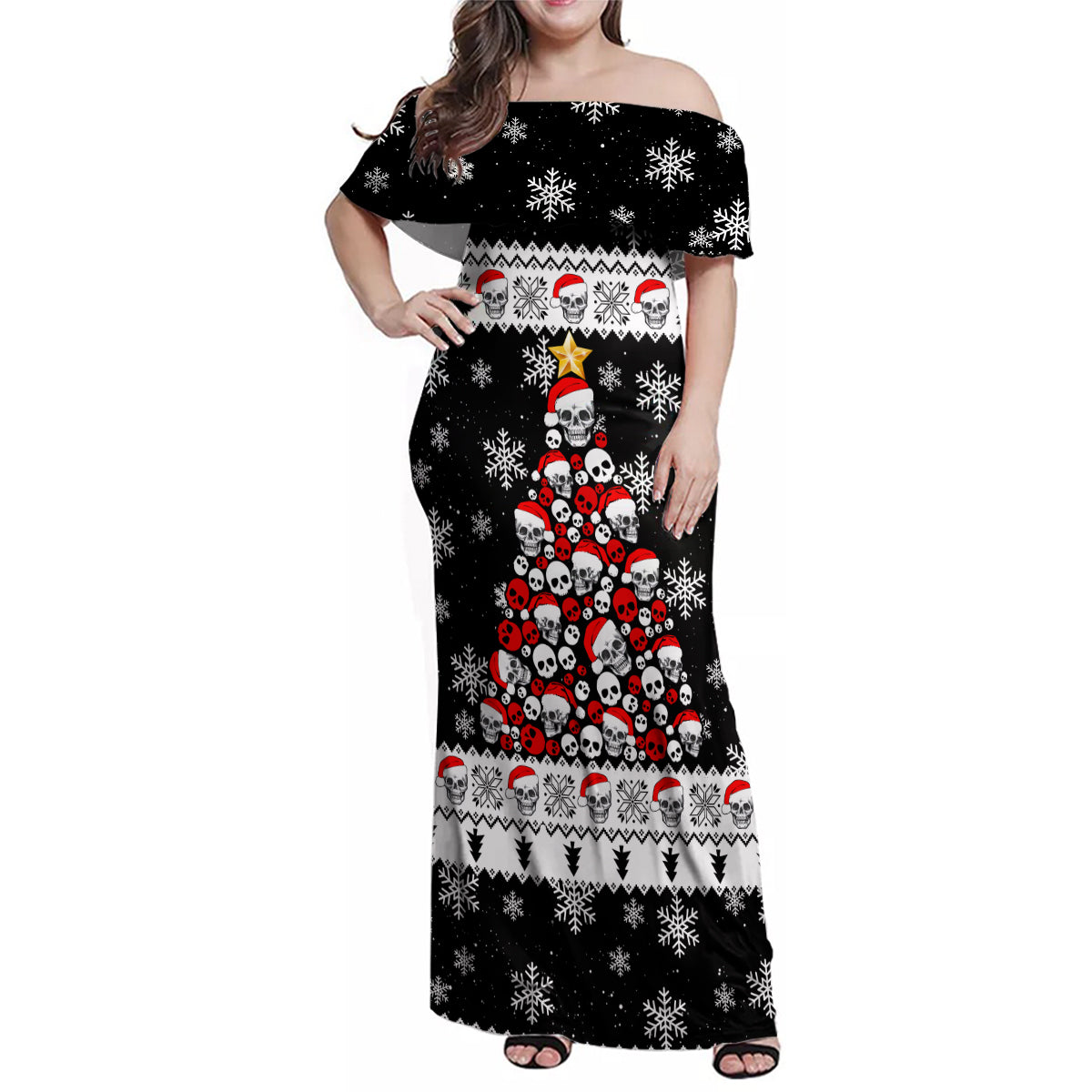 Skull Santa Family Matching Off Shoulder Maxi Dress and Hawaiian Shirt Tree Skull Santa Ugly Christmas - Wonder Print Shop