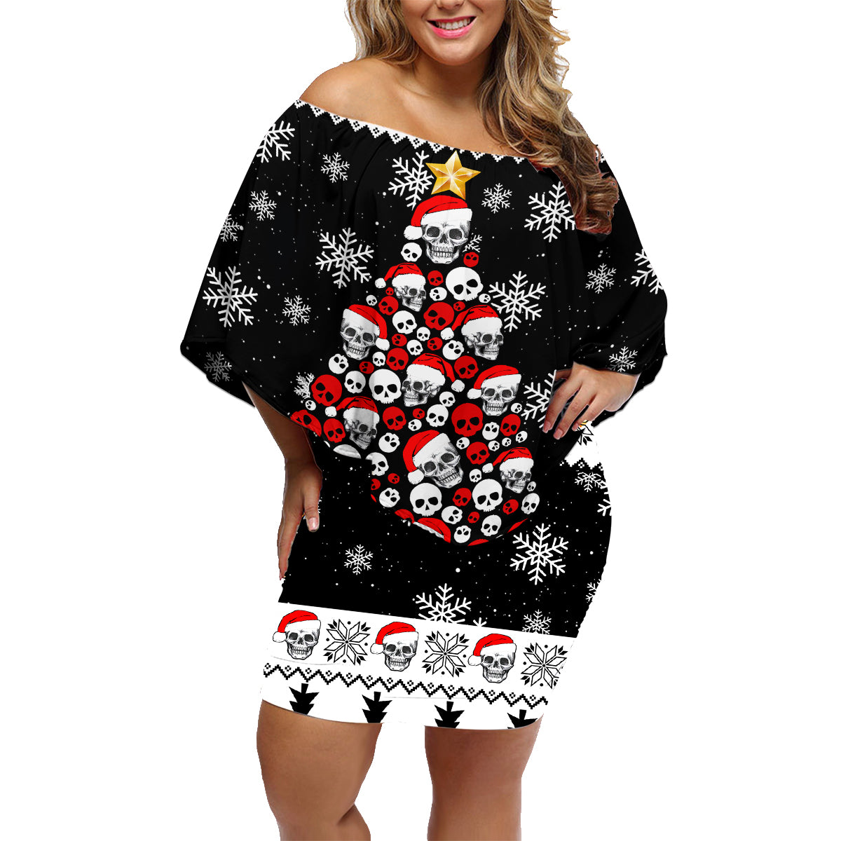 Skull Santa Family Matching Off Shoulder Short Dress and Hawaiian Shirt Tree Skull Santa Ugly Christmas - Wonder Print Shop