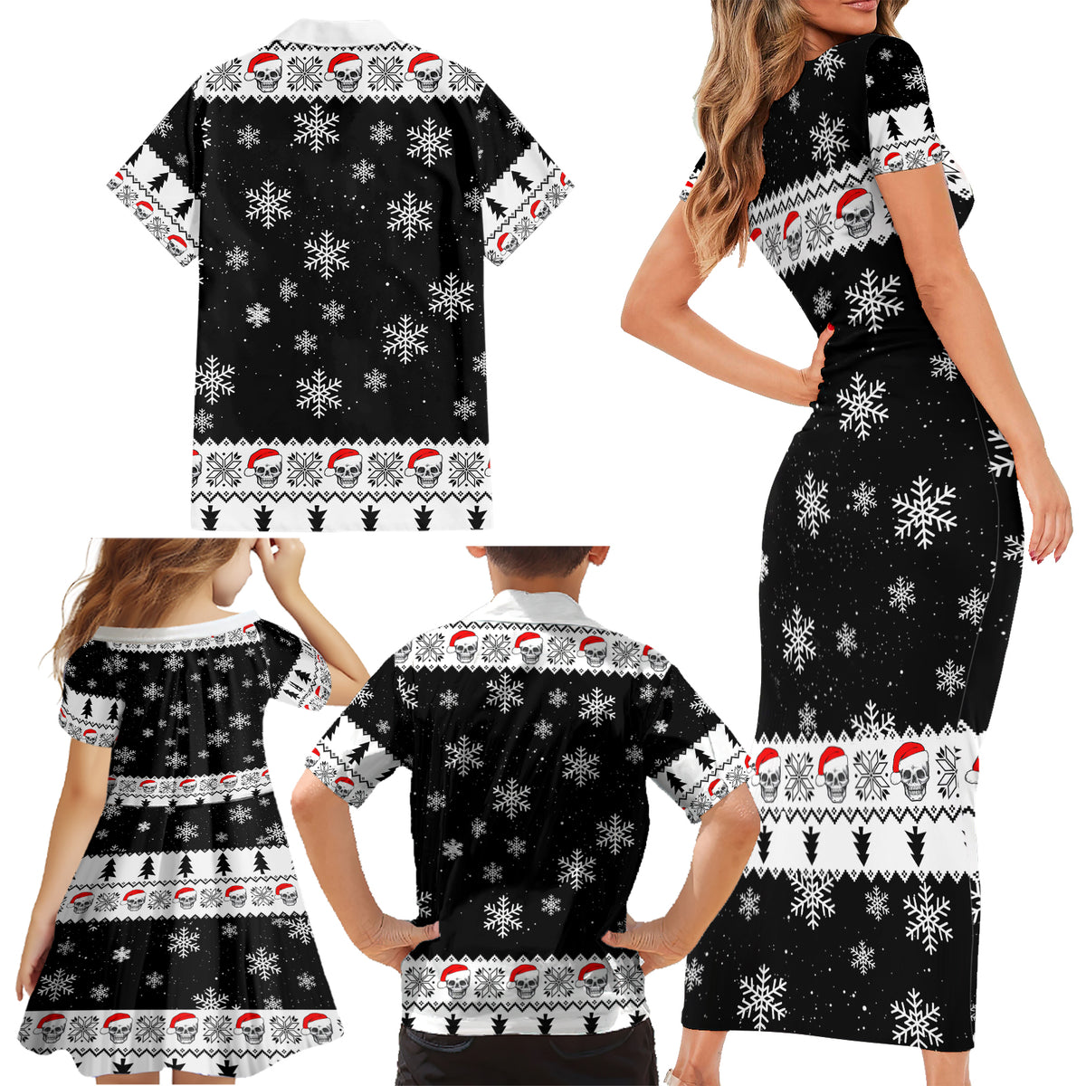 Skull Santa Family Matching Short Sleeve Bodycon Dress and Hawaiian Shirt Tree Skull Santa Ugly Christmas - Wonder Print Shop