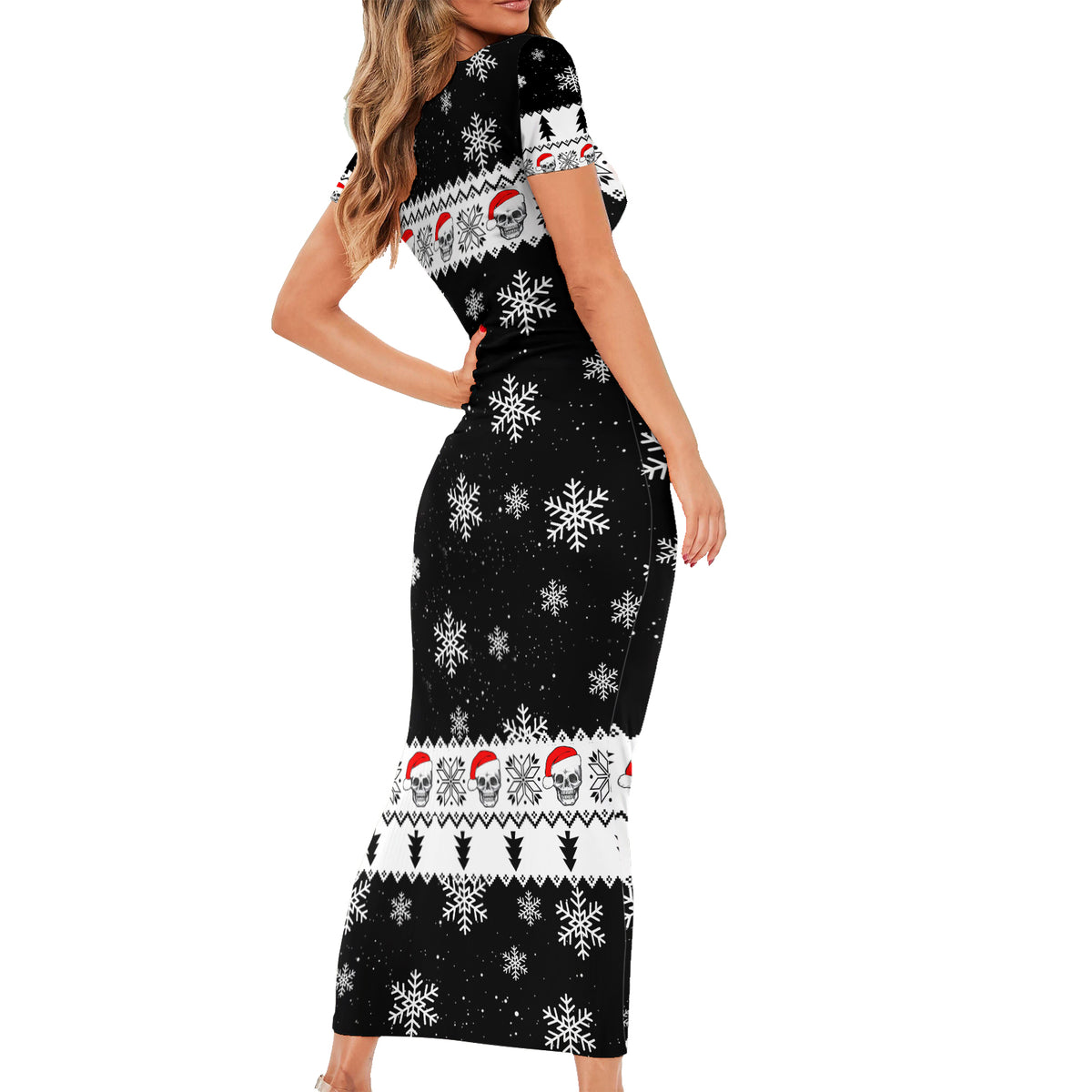 Skull Santa Family Matching Short Sleeve Bodycon Dress and Hawaiian Shirt Tree Skull Santa Ugly Christmas - Wonder Print Shop