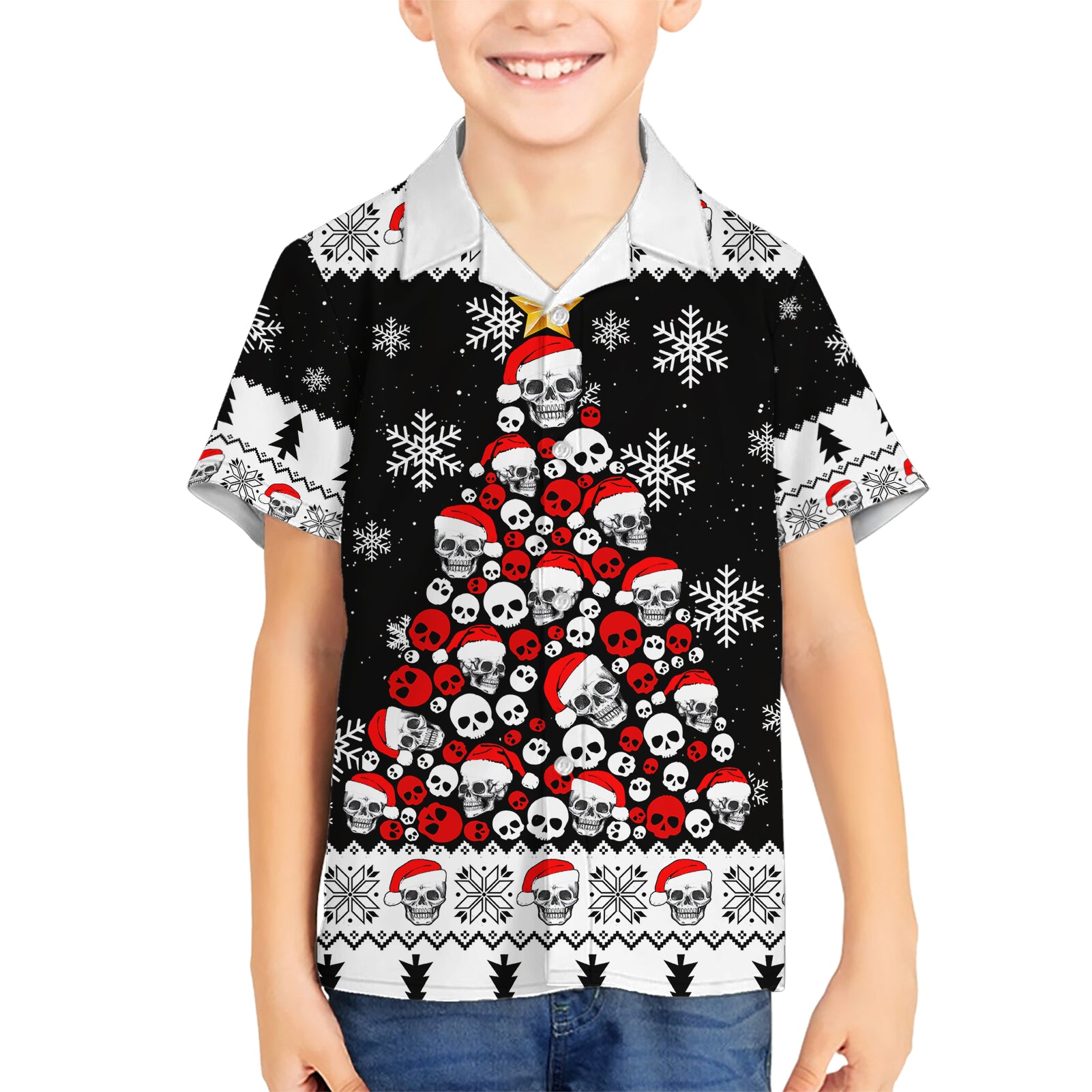 Skull Santa Kid Hawaiian Shirt Tree Skull Santa Ugly Christmas - Wonder Print Shop