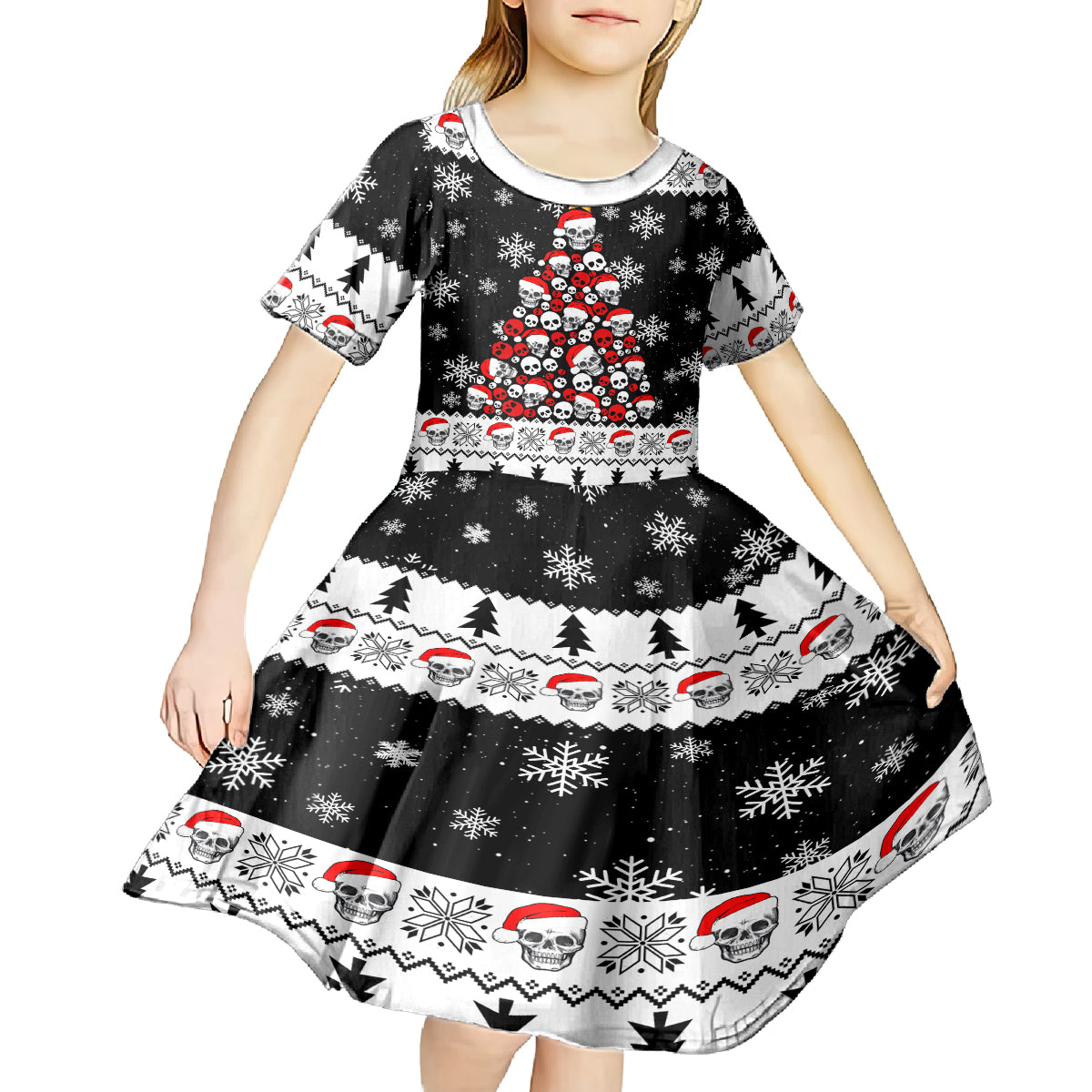 Skull Santa Kid Short Sleeve Dress Tree Skull Santa Ugly Christmas - Wonder Print Shop
