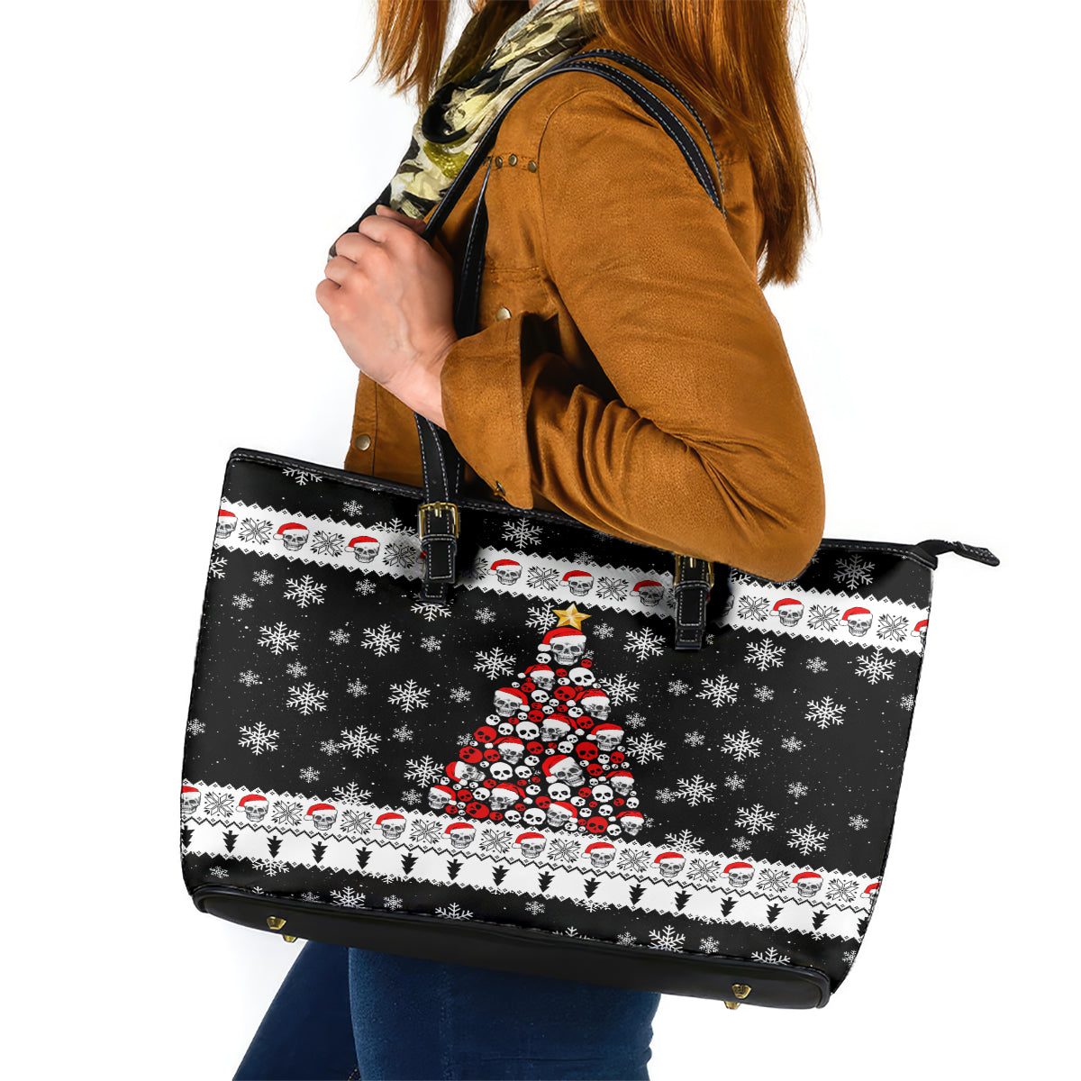 Skull Santa Leather Tote Bag Tree Skull Santa Ugly Christmas - Wonder Print Shop