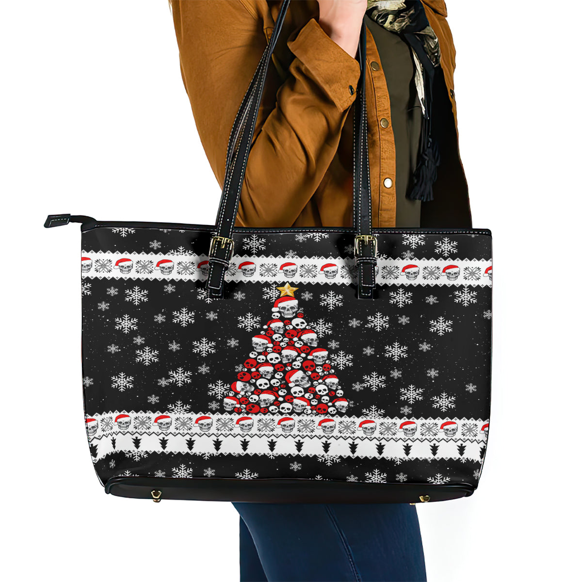 Skull Santa Leather Tote Bag Tree Skull Santa Ugly Christmas - Wonder Print Shop