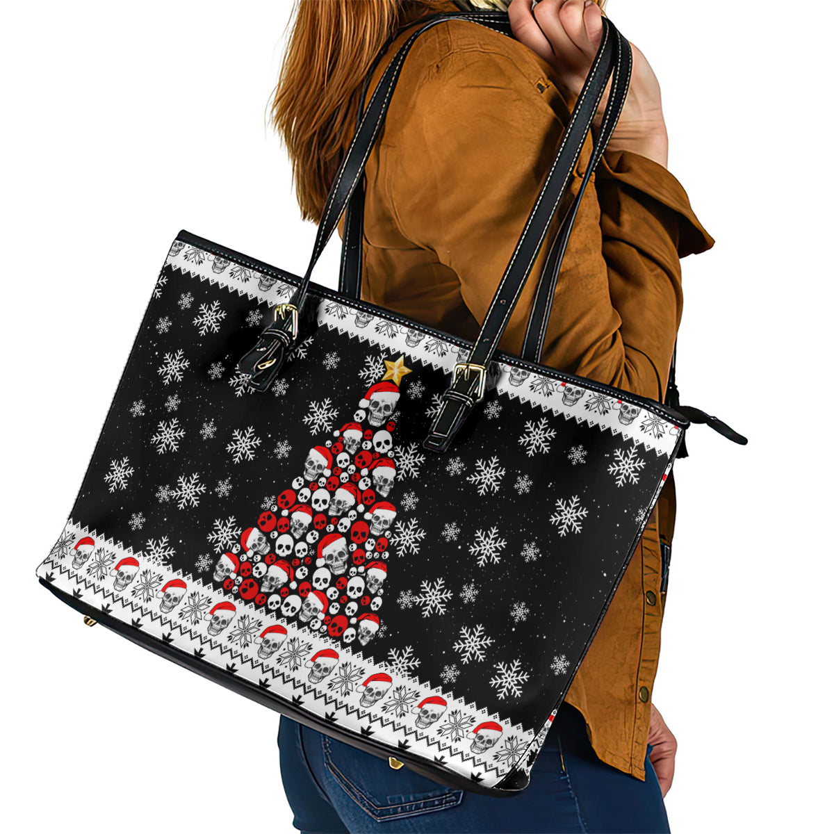 Skull Santa Leather Tote Bag Tree Skull Santa Ugly Christmas - Wonder Print Shop