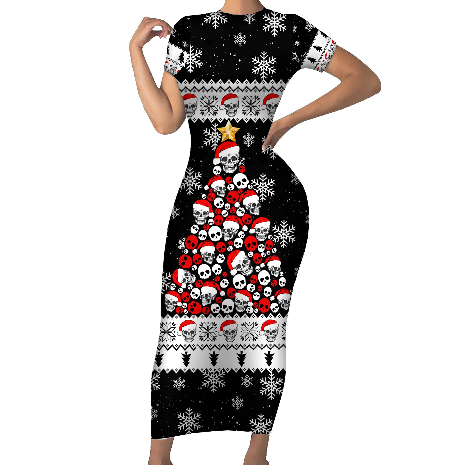 Skull Santa Short Sleeve Bodycon Dress Tree Skull Santa Ugly Christmas - Wonder Print Shop