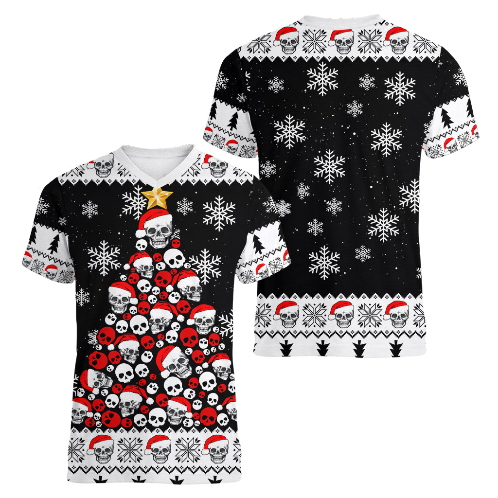 Skull Santa Women V Neck T Shirt Tree Skull Santa Ugly Christmas - Wonder Print Shop