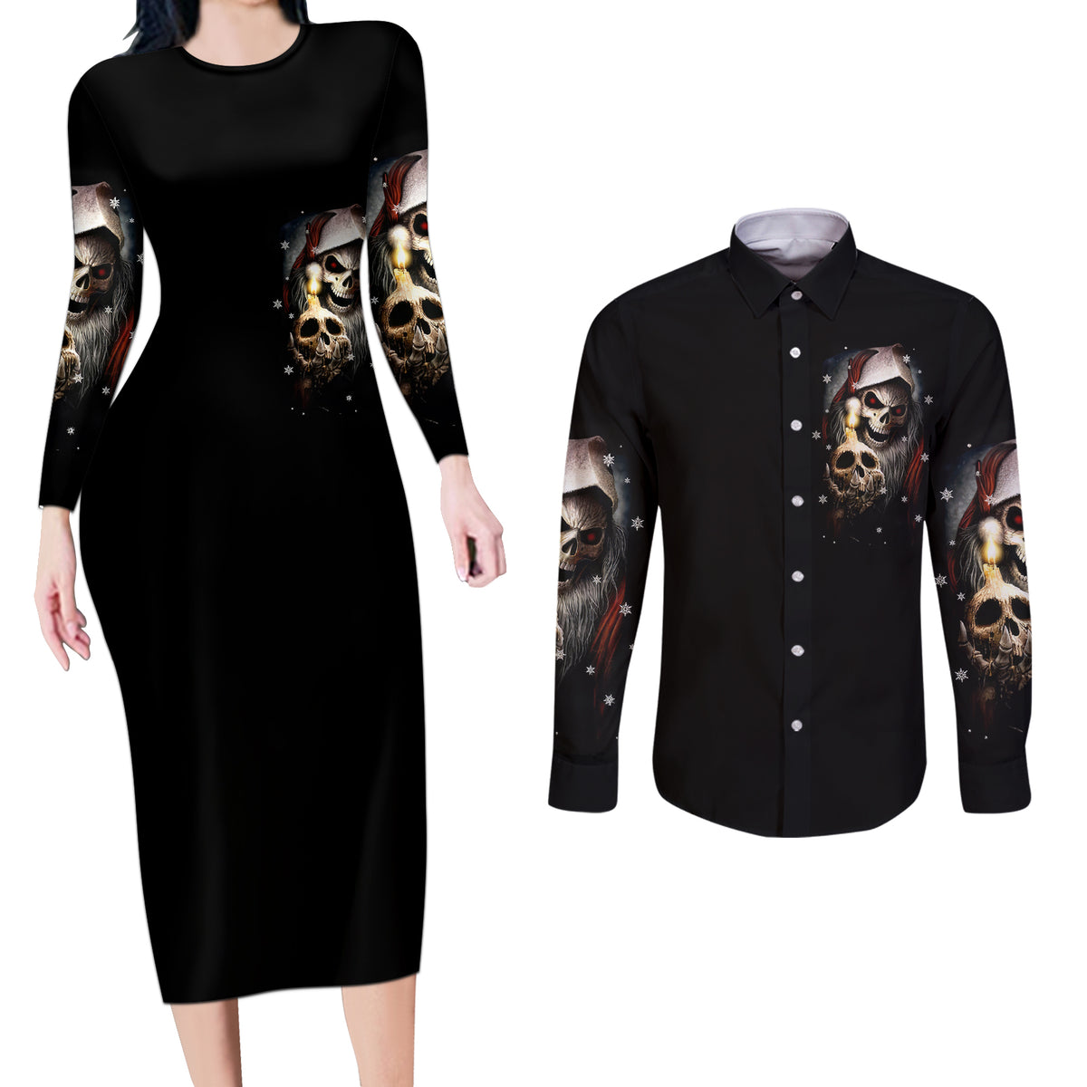 Skeleton Santa Claus Couples Matching Long Sleeve Bodycon Dress and Long Sleeve Button Shirt Sorry Santa Naughty Just Feels So Nice - Wonder Print Shop