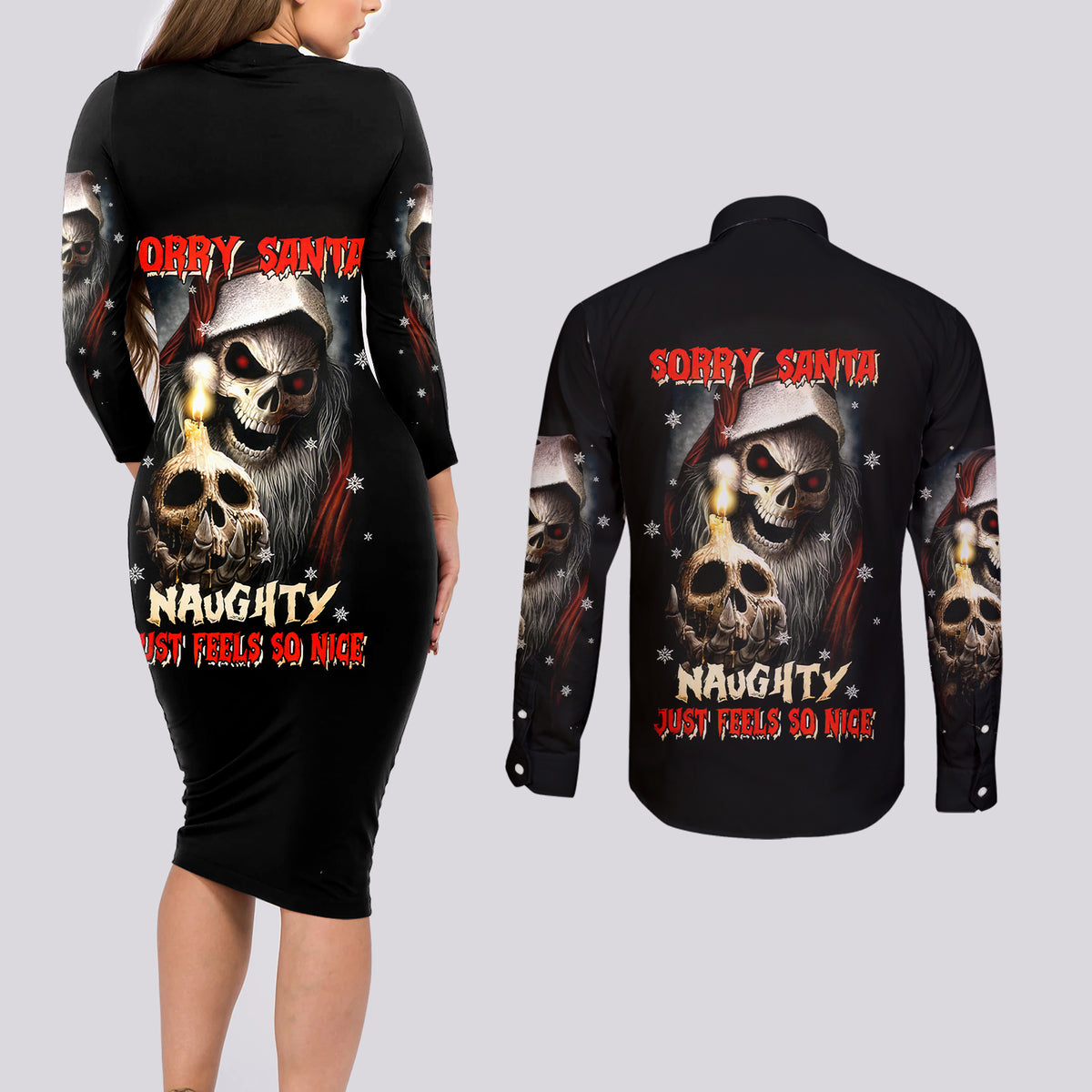 Skeleton Santa Claus Couples Matching Long Sleeve Bodycon Dress and Long Sleeve Button Shirt Sorry Santa Naughty Just Feels So Nice - Wonder Print Shop
