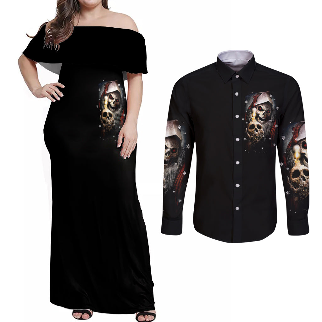 Skeleton Santa Claus Couples Matching Off Shoulder Maxi Dress and Long Sleeve Button Shirt Sorry Santa Naughty Just Feels So Nice - Wonder Print Shop