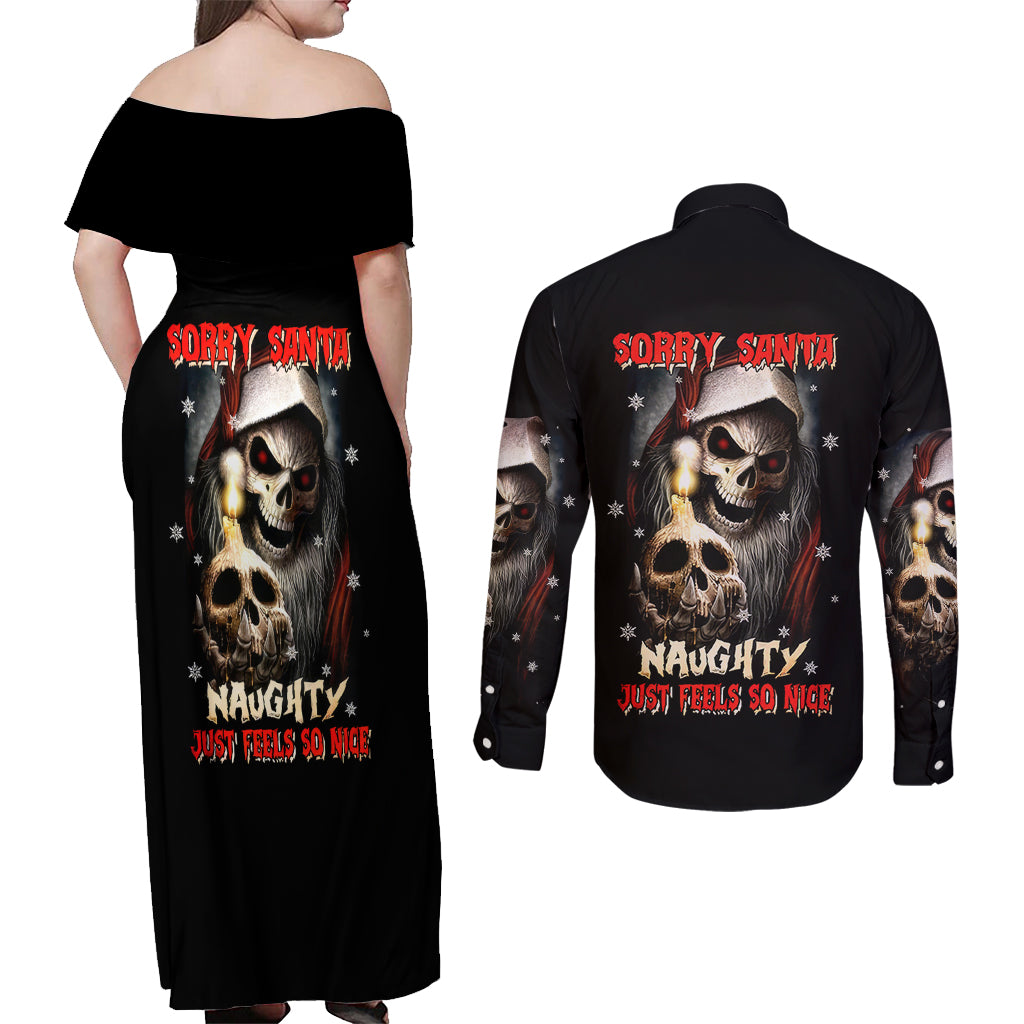 Skeleton Santa Claus Couples Matching Off Shoulder Maxi Dress and Long Sleeve Button Shirt Sorry Santa Naughty Just Feels So Nice - Wonder Print Shop