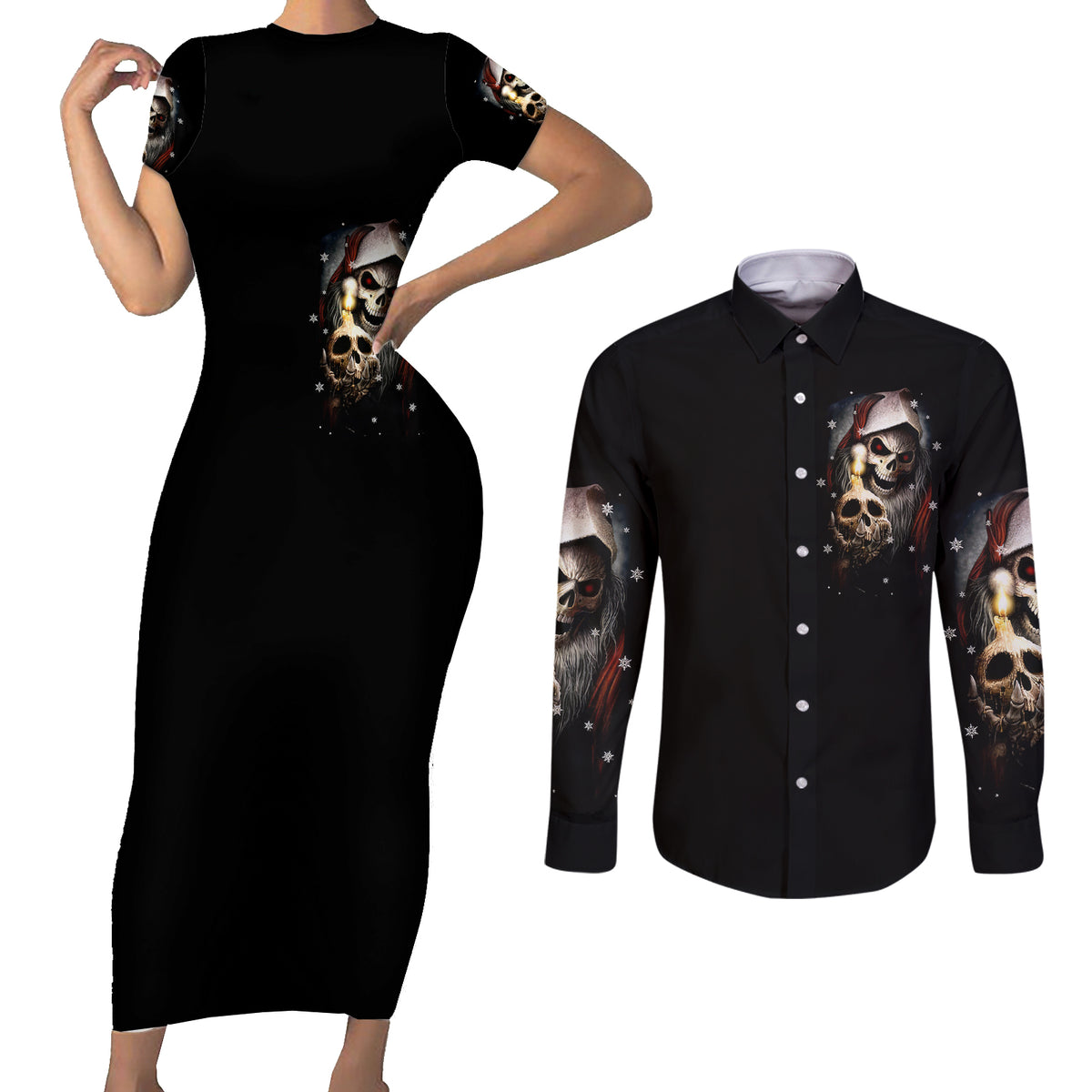Skeleton Santa Claus Couples Matching Short Sleeve Bodycon Dress and Long Sleeve Button Shirt Sorry Santa Naughty Just Feels So Nice - Wonder Print Shop