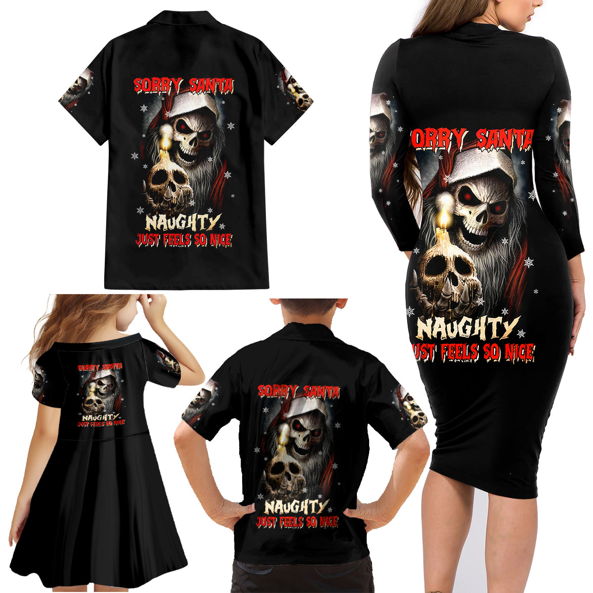 Skeleton Santa Claus Family Matching Long Sleeve Bodycon Dress and Hawaiian Shirt Sorry Santa Naughty Just Feels So Nice - Wonder Print Shop