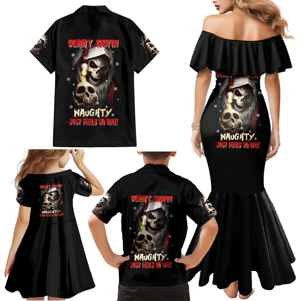Skeleton Santa Claus Family Matching Mermaid Dress and Hawaiian Shirt Sorry Santa Naughty Just Feels So Nice - Wonder Print Shop