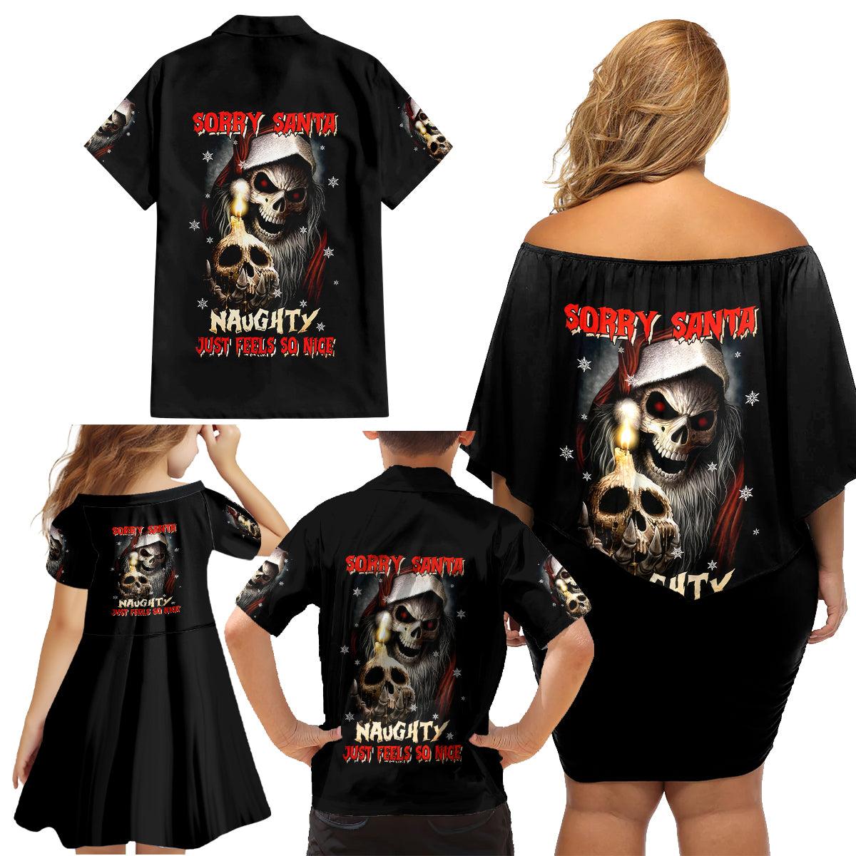 Skeleton Santa Claus Family Matching Off Shoulder Short Dress and Hawaiian Shirt Sorry Santa Naughty Just Feels So Nice - Wonder Print Shop