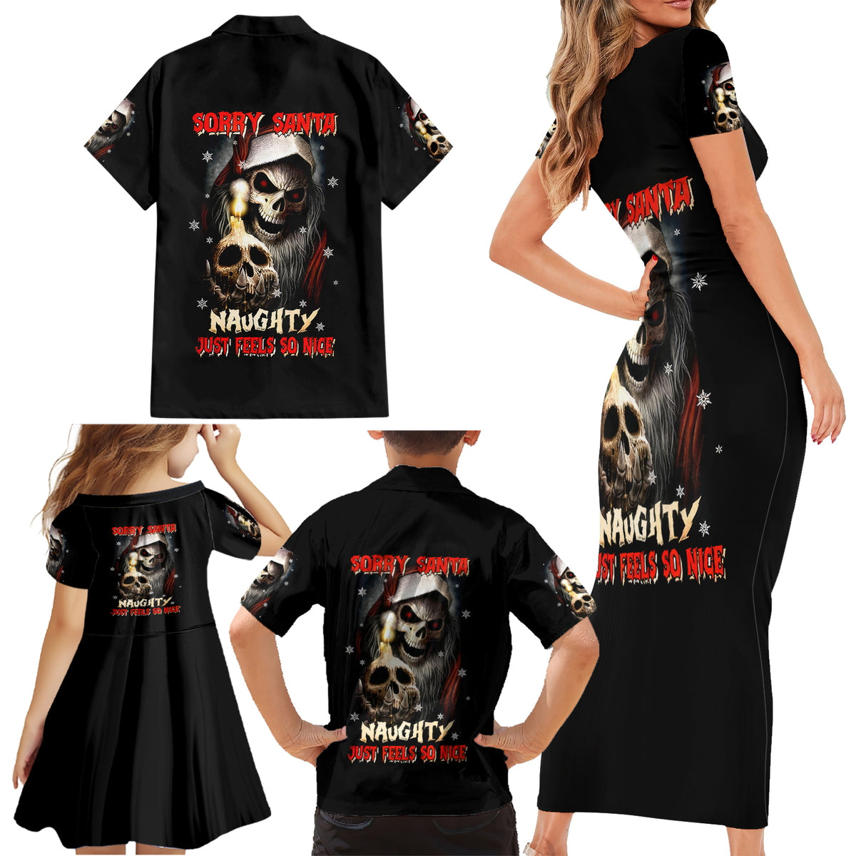 Skeleton Santa Claus Family Matching Short Sleeve Bodycon Dress and Hawaiian Shirt Sorry Santa Naughty Just Feels So Nice - Wonder Print Shop