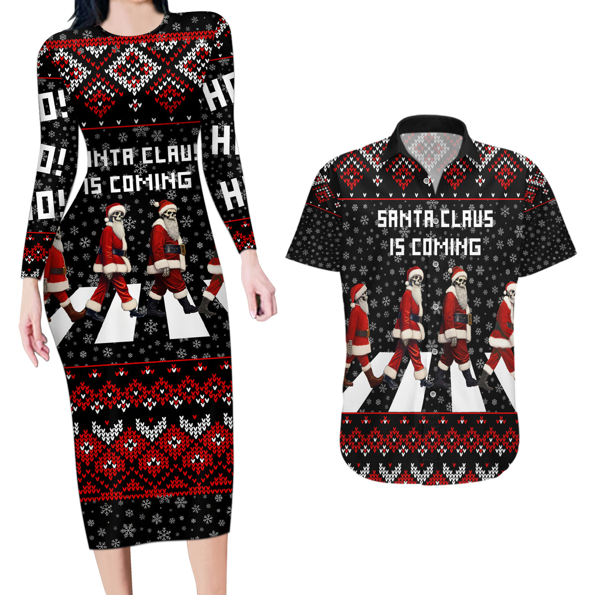 Skeleton Santa Claus Couples Matching Long Sleeve Bodycon Dress and Hawaiian Shirt Santa Claus Is Coming Cross Street - Wonder Print Shop