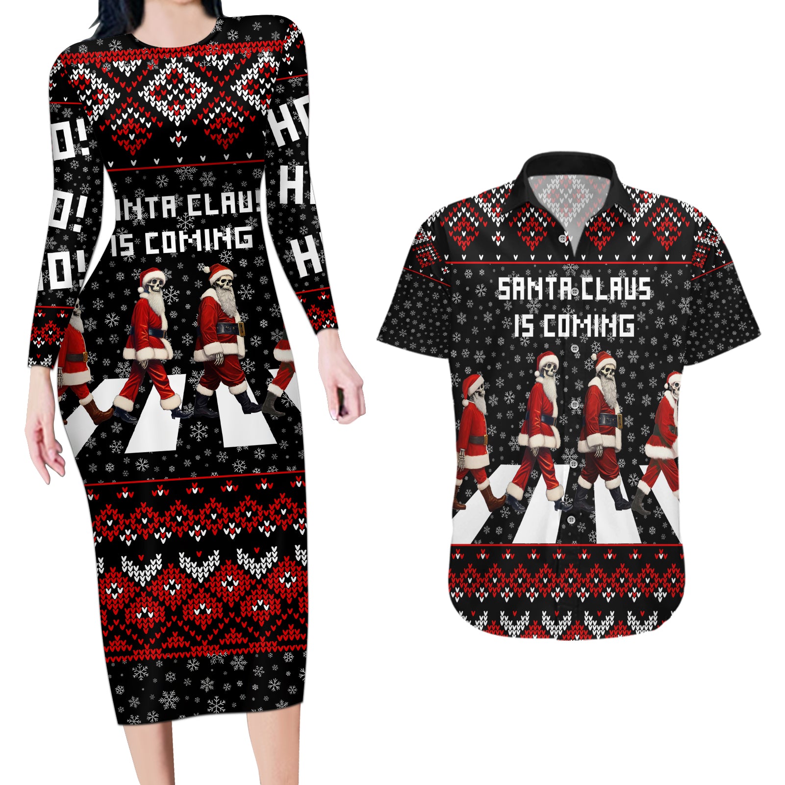 Skeleton Santa Claus Couples Matching Long Sleeve Bodycon Dress and Hawaiian Shirt Santa Claus Is Coming Cross Street - Wonder Print Shop
