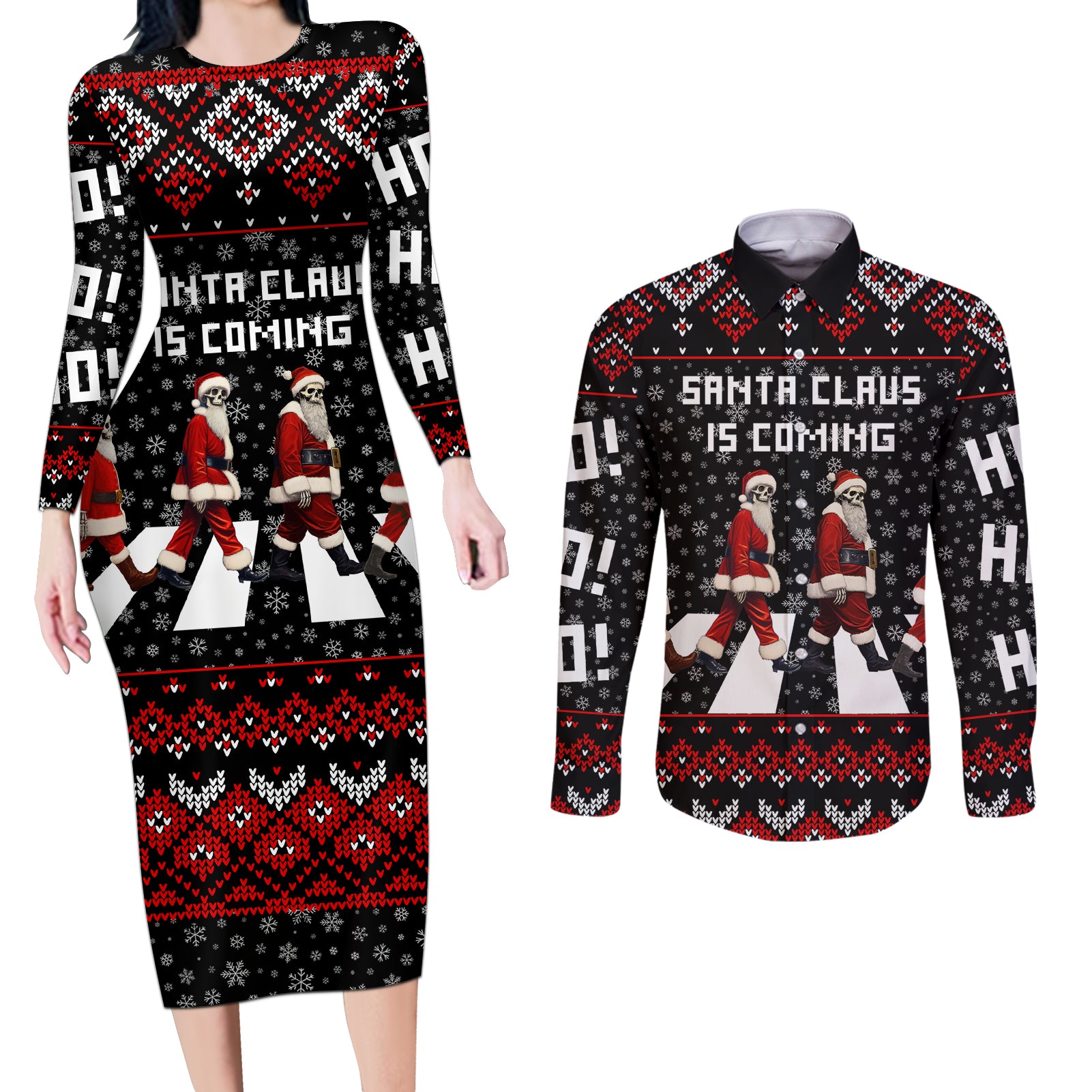 Skeleton Santa Claus Couples Matching Long Sleeve Bodycon Dress and Long Sleeve Button Shirt Santa Claus Is Coming Cross Street - Wonder Print Shop