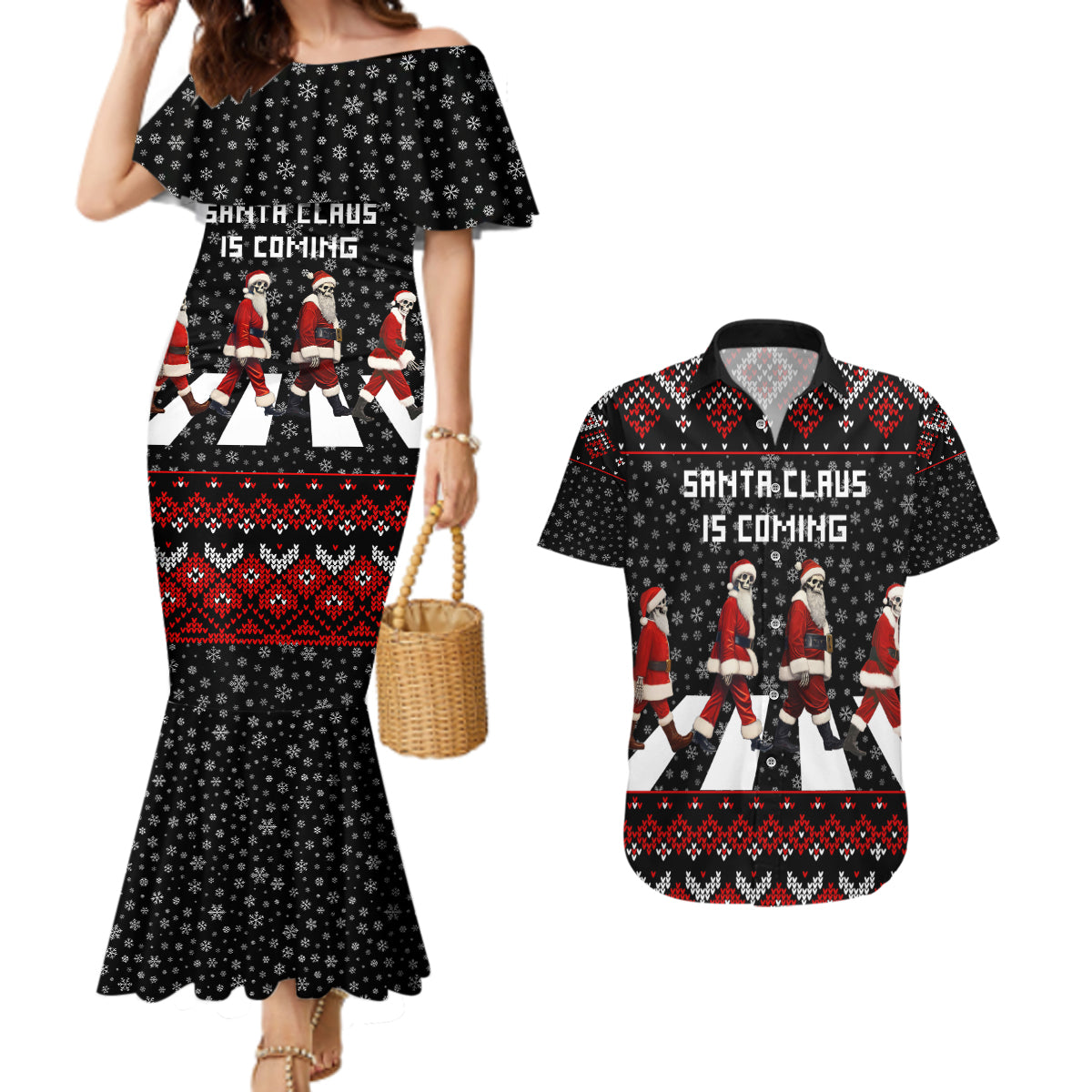 Skeleton Santa Claus Couples Matching Mermaid Dress and Hawaiian Shirt Santa Claus Is Coming Cross Street - Wonder Print Shop
