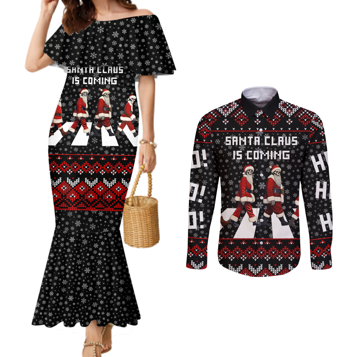 skeleton-santa-claus-couples-matching-mermaid-dress-and-long-sleeve-button-shirt-santa-claus-is-coming-cross-street