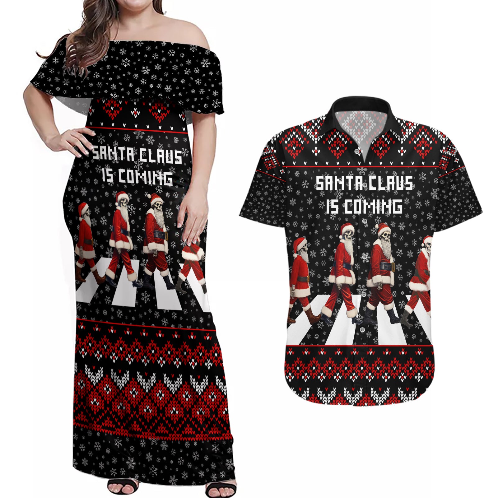 Skeleton Santa Claus Couples Matching Off Shoulder Maxi Dress and Hawaiian Shirt Santa Claus Is Coming Cross Street - Wonder Print Shop