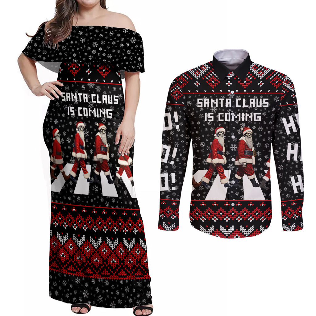 Skeleton Santa Claus Couples Matching Off Shoulder Maxi Dress and Long Sleeve Button Shirt Santa Claus Is Coming Cross Street - Wonder Print Shop