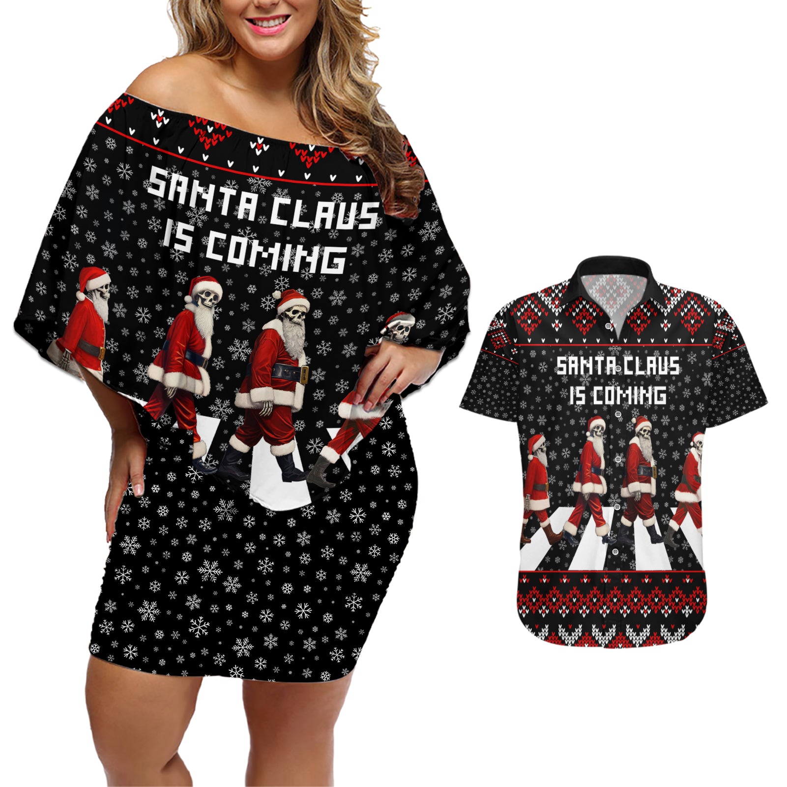 Skeleton Santa Claus Couples Matching Off Shoulder Short Dress and Hawaiian Shirt Santa Claus Is Coming Cross Street - Wonder Print Shop