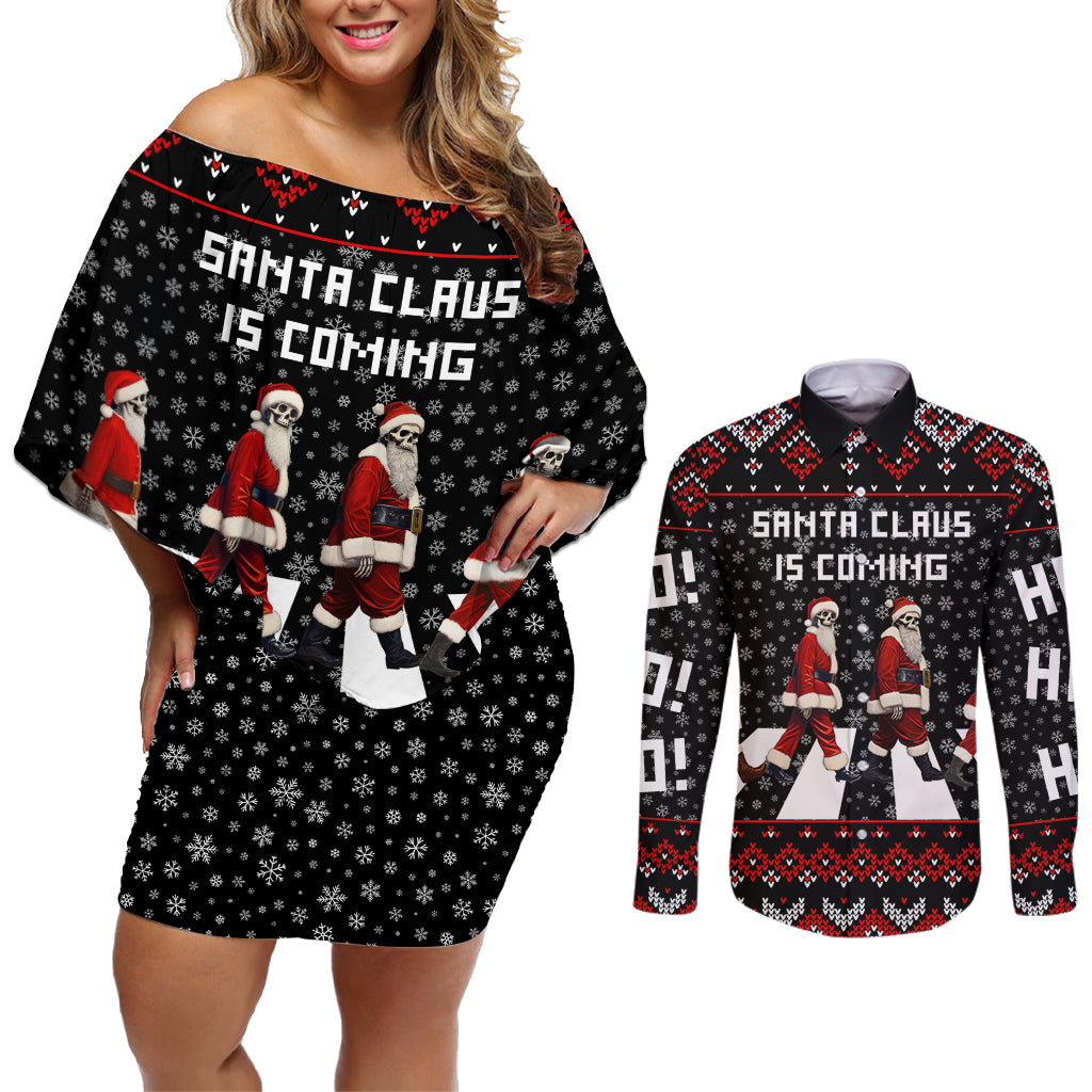 Skeleton Santa Claus Couples Matching Off Shoulder Short Dress and Long Sleeve Button Shirt Santa Claus Is Coming Cross Street - Wonder Print Shop