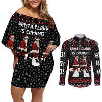 Skeleton Santa Claus Couples Matching Off Shoulder Short Dress and Long Sleeve Button Shirt Santa Claus Is Coming Cross Street - Wonder Print Shop